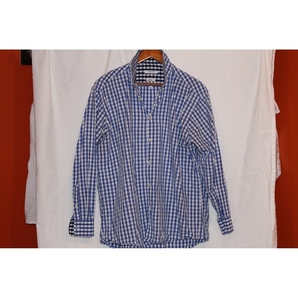 Isaac Mizrahi New York Mens Slim Fit Gingham Dress Shirt Blue White 17.5 34/35